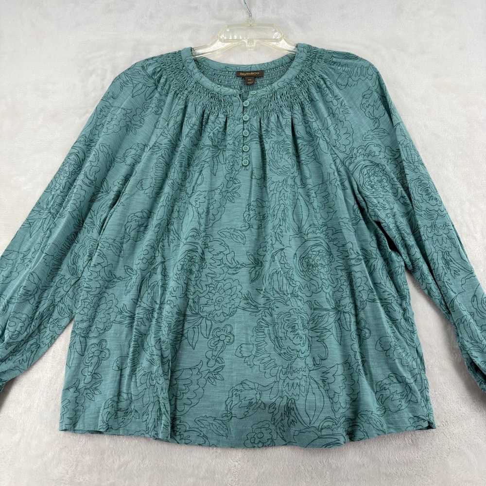 Style & Co Blouse Womens PXL Top Teal Green Smocked Floral Henley Slub Knit
